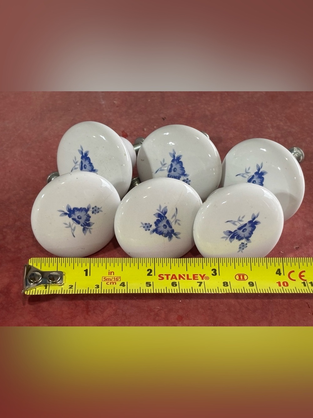 Set of 6 ceramic dresser drawer knobs white with blue flower